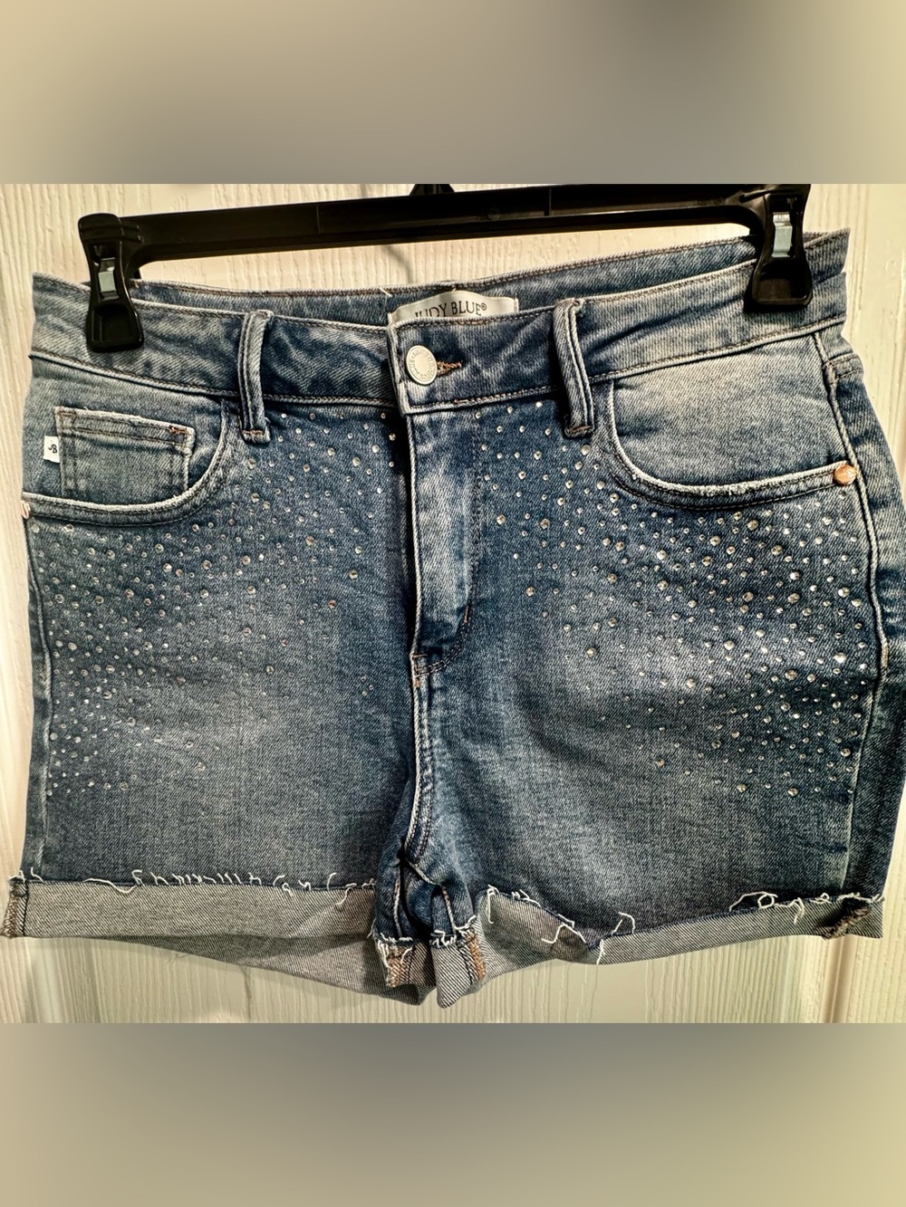 Judy Blue Rhinestone Denim Shorts Size Large Distressed Cuffed Stretch - NWOT